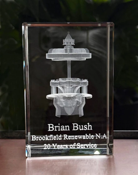 Crystal Print Corporate Recognition Award Crystal Block, transparent crystal block with engraved lighthouse design, personalized with recipient's name, organization, and 20 years of service text.