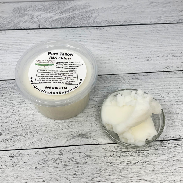Pure Beef Tallow in a container and bowl, deodorized, showcasing its white color and texture.