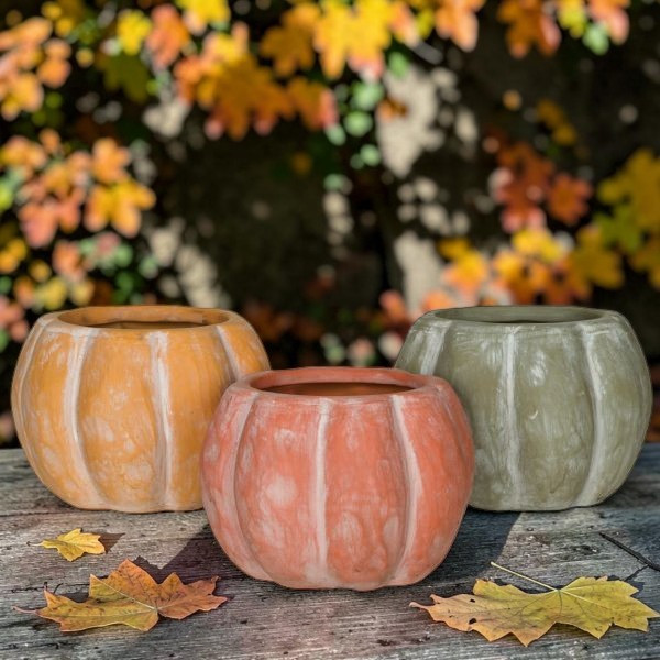 24 oz. Artisan Cement Pumpkin Candle Vessels product image w/ fall background