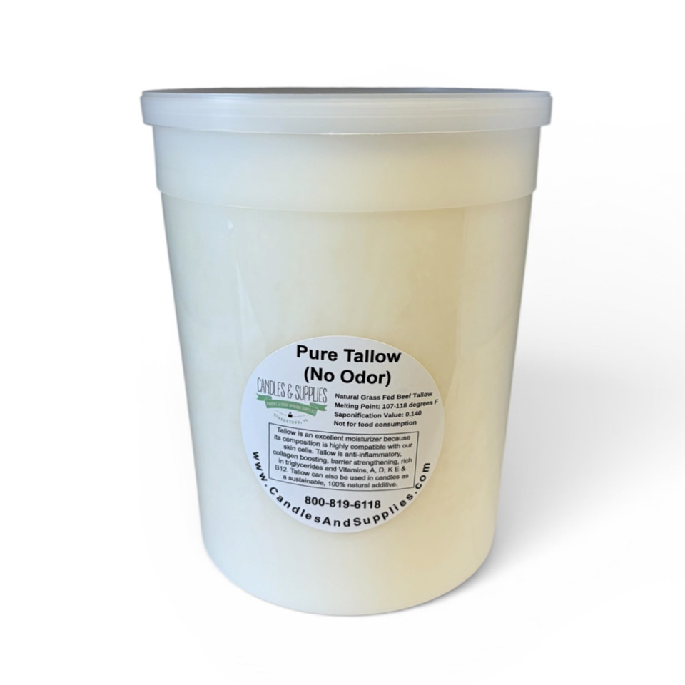 Pure Beef Tallow Deodorized in a white plastic container with label on a plain background.