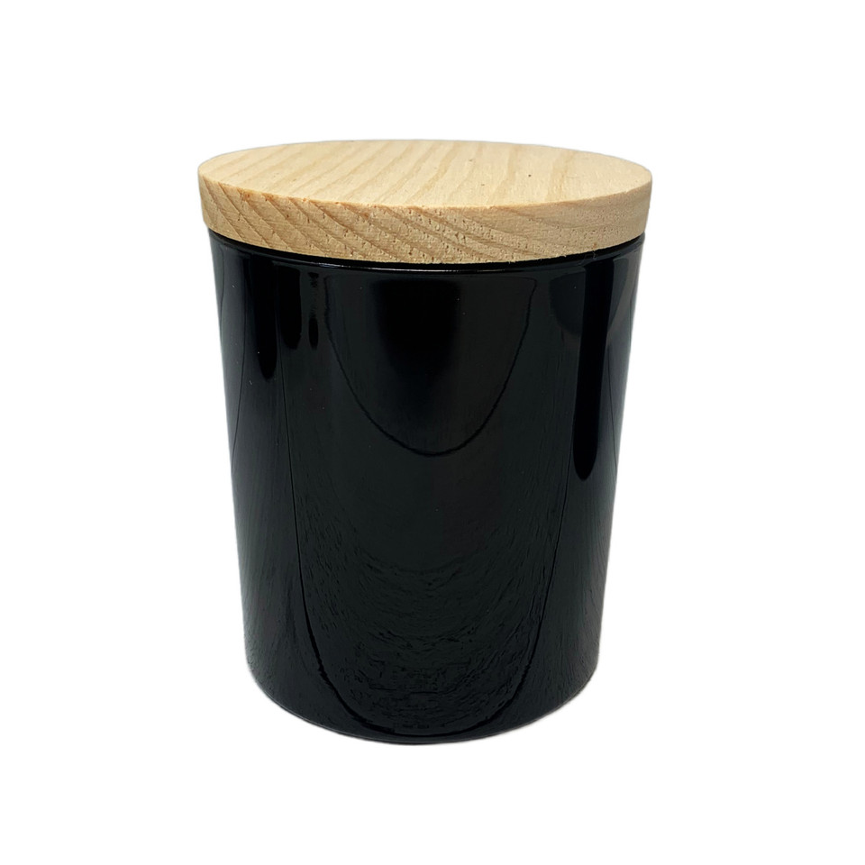 Wood lid on black jar