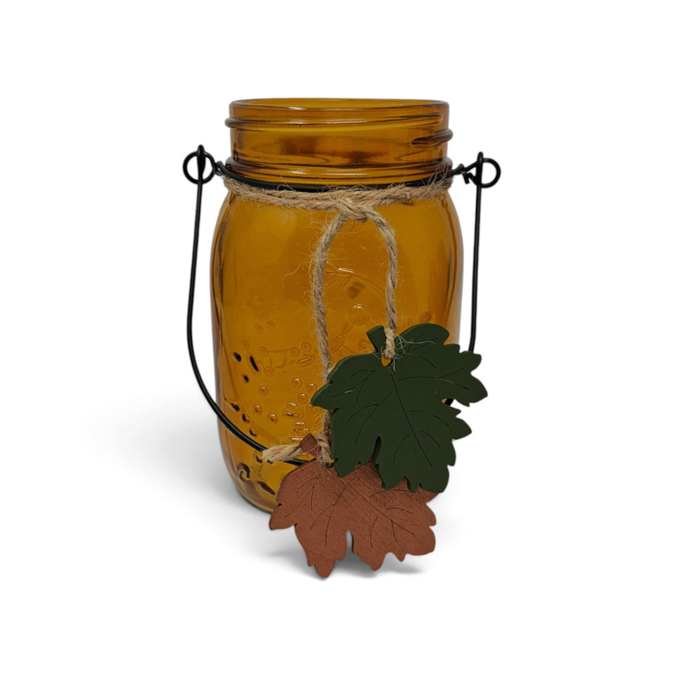 Golden Acorn Rustic Farmhouse Fall 16 oz. Mason Jar with Wire Handle & Wood Leaf Charms