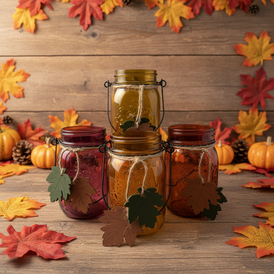 Rustic Farmhouse Fall 16 oz. Mason Jar Collection with Wire Handle & Wood Leaf Charms