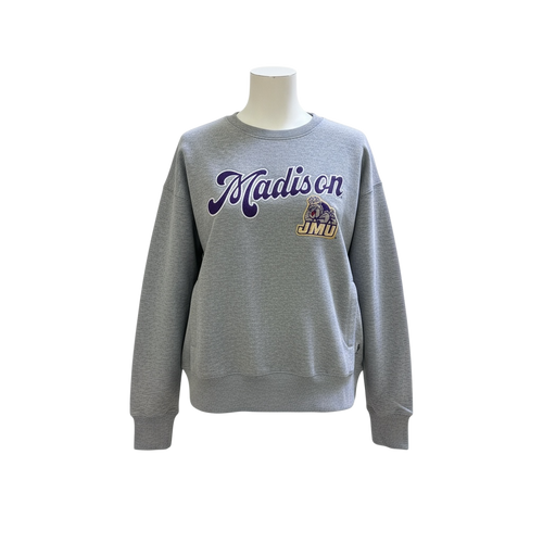Madison Script with Full Duke Dog on Grey Sweatshirt