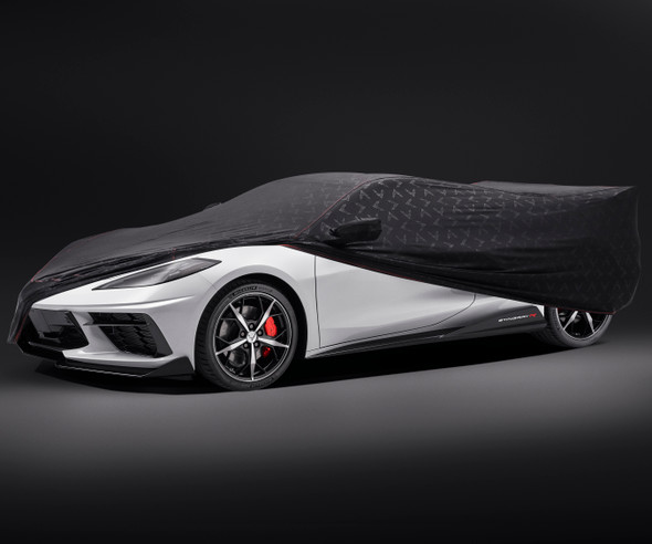 20-24-corvette-premium-indoor-car-cover-in-black-w-crossed-flags-logo-general-motors Installed