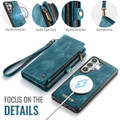 Blue Galaxy S26 Ultra CaseMe wallet case close-up of stitching card slots and zipper