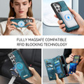 Blue Galaxy S26 Ultra multi-functional wallet case shown in everyday use