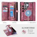 Red Galaxy S26 Ultra wallet case showing card slots zipper pocket and magnetic shell