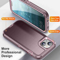 Purple iPhone 14 rugged shockproof case showing screen and camera protection