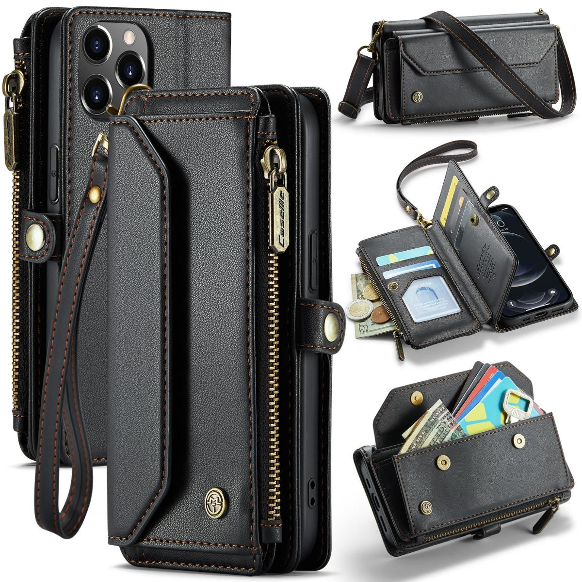 Black iPhone 12 Pro Max Crossbody Wallet Case RFID Zipper Card