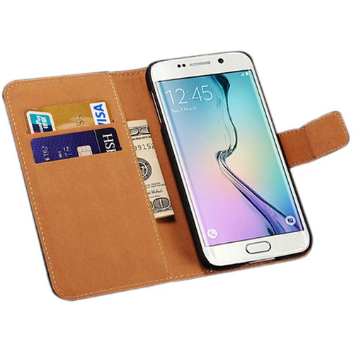 Black  Genuine Leather Wallet Case For Samsung Galaxy S6 Edge - 1