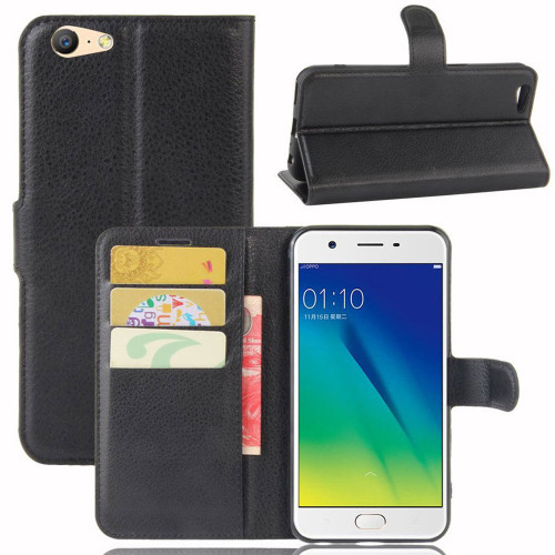 Black Premium Litchi Leather Wallet Stand Case for Oppo A57