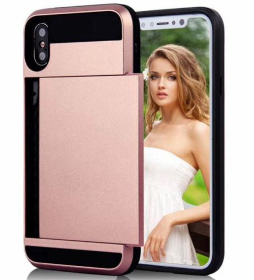 Rose Gold Slide Armor Dual Layer Credit Card Case For Apple iPhone XS Max