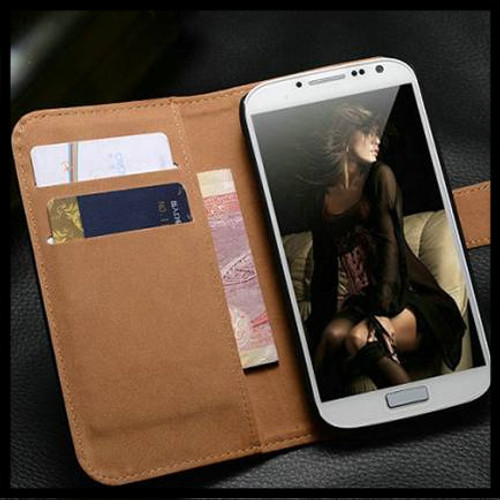 Black Genuine Leather Wallet Stand Case For Samsung Galaxy S4 Mini - 1