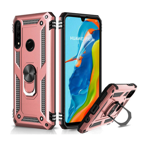 Rose Gold Huawei P30 Lite Rugged Armour 360 Rotating Metal Ring Case - 1
