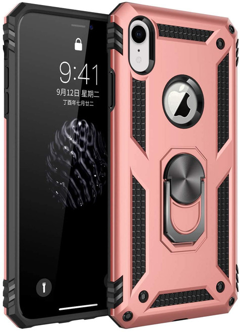 Rose Gold iPhone XR Rugged Armour 360 Rotating Metal Ring Case - 1
