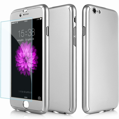 Silver iPhone 7 / 8 Full Body Armor 360 Protect Case + Tempered Glass