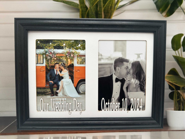7x10 Personalized Wedding Frame - Our Wedding Day with Wedding Date - Double 5x7 Photos - Great Gift for Newlyweds, Bridal Registry, or Anniversary Gift