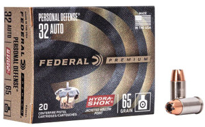 Federal Personal Defense Hydra-Shok, 32 Auto, 65 Grain, Hydra-Shok Jacketed Hollow Point