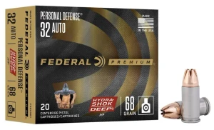 Federal Personal Defense Hydra-Shok Deep, 32 Auto, 68 Grain, Hydra-Shok Deep Jacketed Hollow Point