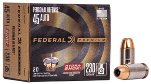 Federal Personal Defense Hydra-Shok, 45 Auto, 230 Grain, Hydra-Shok Jacketed Hollow Point, 900 fps