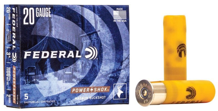 Federal Power-Shok Buckshot, 20 Gauge, 2 Buck Shot, 3 in, 1100 fps