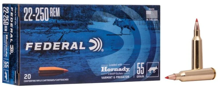 Federal Varmint & Predator, 22-250 Rem, 55 Grain, Hornady® V-Max®, 3670 fps