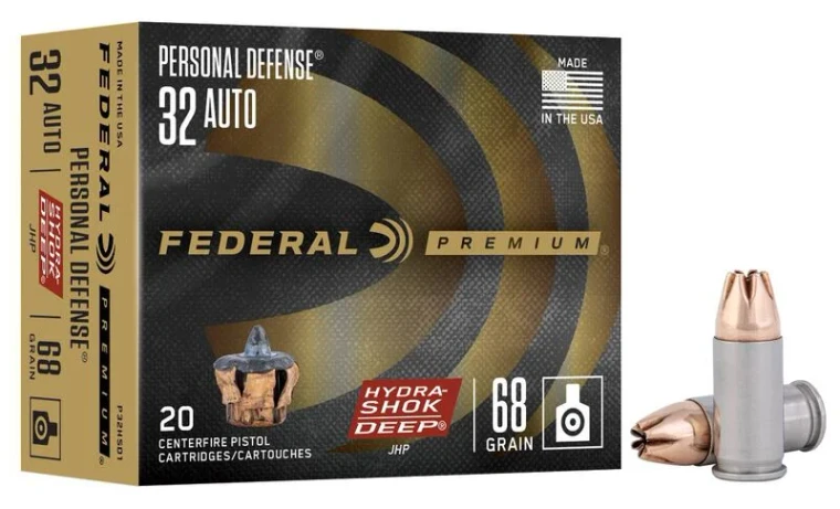 Federal Personal Defense Hydra-Shok Deep, 32 Auto, 68 Grain, Hydra-Shok Deep Jacketed Hollow Point