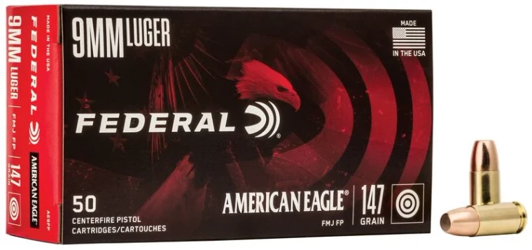 Federal American Eagle Handgun, 9mm Luger, 147 Grain, Full Metal Jacket, 1000 fps