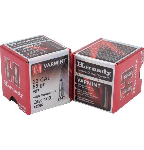 Hornady 22 Cal .224 55 gr SP Boattail with Cannelure Bullet Tips