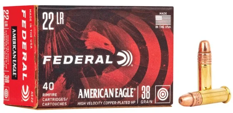 Federal American Eagle Rimfire, 22 LR, 38 Grain, Copper Plated Hollow Point, 1260 fps