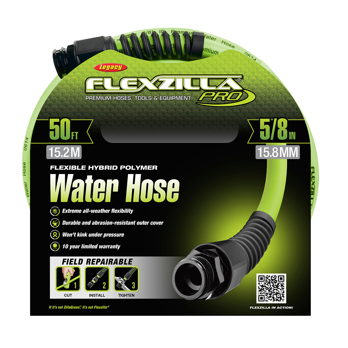 Flexzilla Pro Water Hose with Reusable Fittings, 5/8 in. x 50 ft., Heavy Duty, Lightweight, ZillaGreen - HFZWP550-E - Thumbnail 3