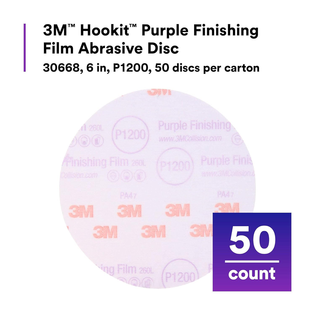 3M 30668 Purple Finishing Film Hookit Disc, 6 in, P1200, 50 discs