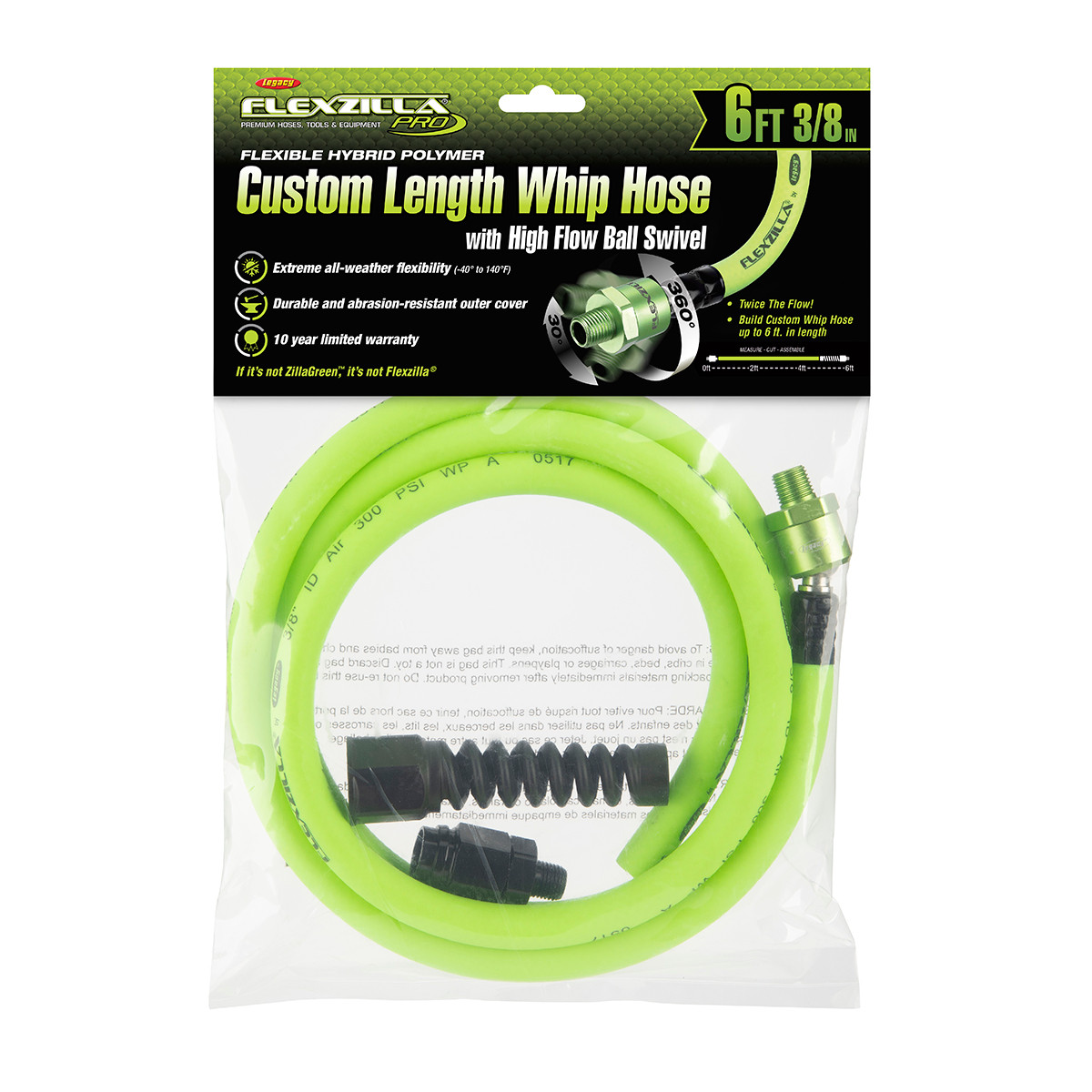 Flexzilla HFZP3806YW2B Custom Length Whip Hose with High Flow Ball