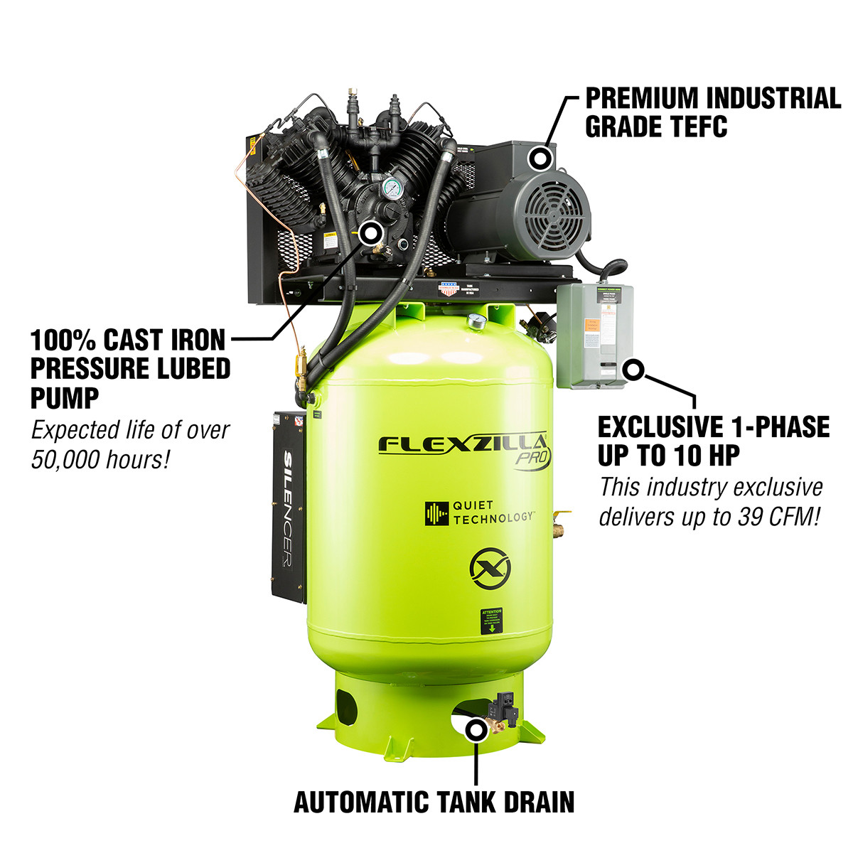 Flexzilla FXS10V120V1 Air Compressor w/ Silencer, 10 HP, 120 Gal