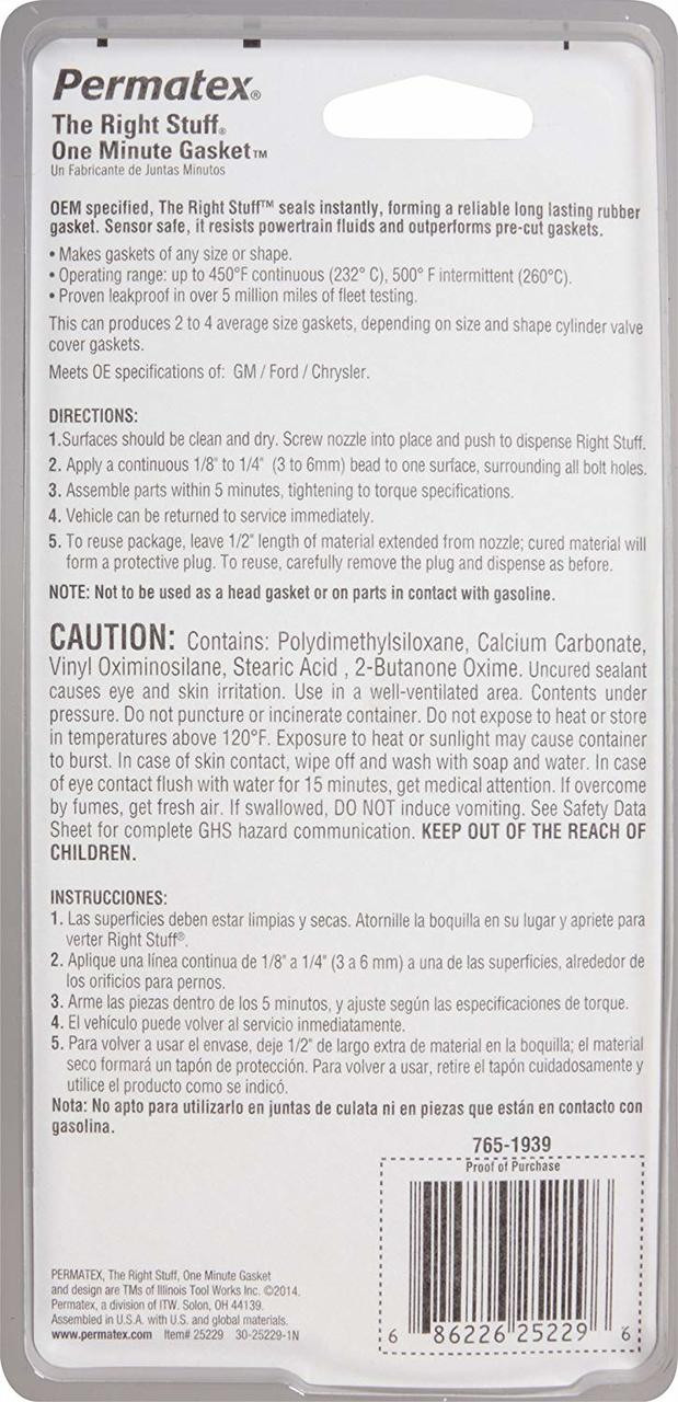 Permatex 29208 The Right Stuff &ndash; Guarnizione Nera 1 Minuto, 5 Oz, Stock Regno Unito
