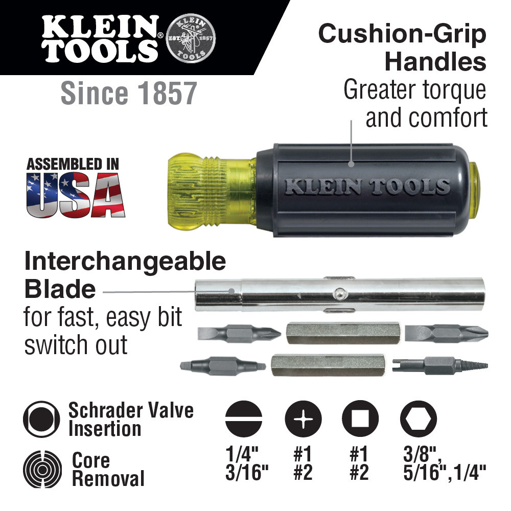 Klein Tools 32527 11in1 Screwdriver / Nut Driver with Schrader Bit
