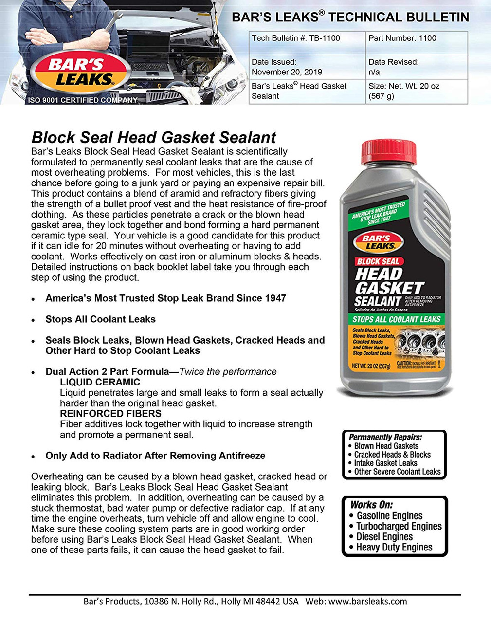 NEW Bar's Leaks High Milage Engine Repair Additive 16.9 oz Dual Action  Formula