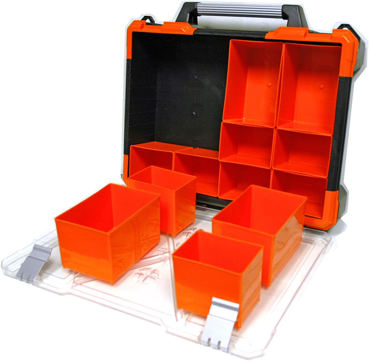 Makitoyo Caja de almacenamiento de herramientas, contenedor organizador de  herramientas con asa y tapa transparente, 21 compartimentos ajustables y 2