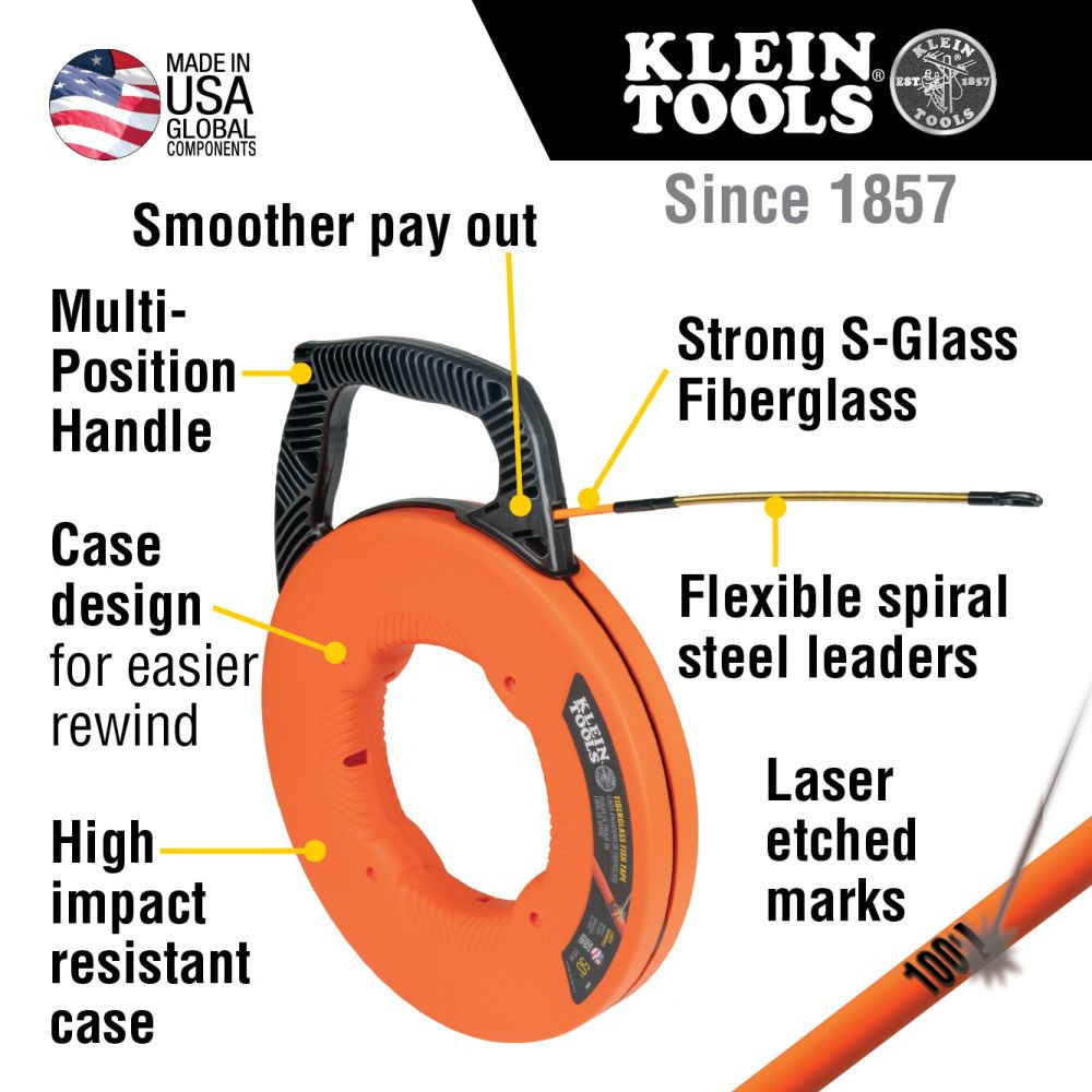 Klein Tools 56351 Fiberglass Fish Tape with Spiral Steel Leader