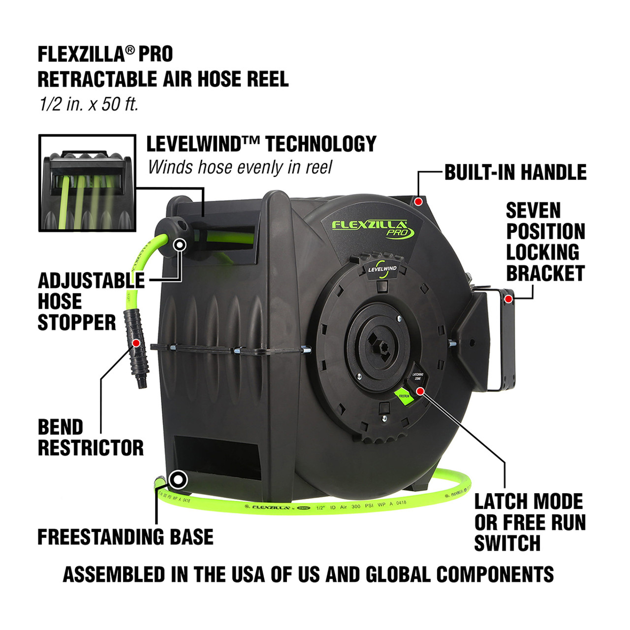 Flexzilla L8335FZ Levelwind Retractable Air Hose Reel, 1/2 in. x