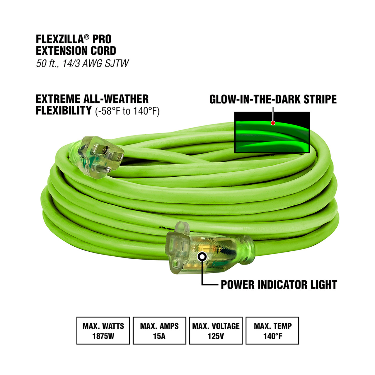 Flexzilla FZ512730 Pro Extension Cord, 14/3 AWG SJTW, 50 ft