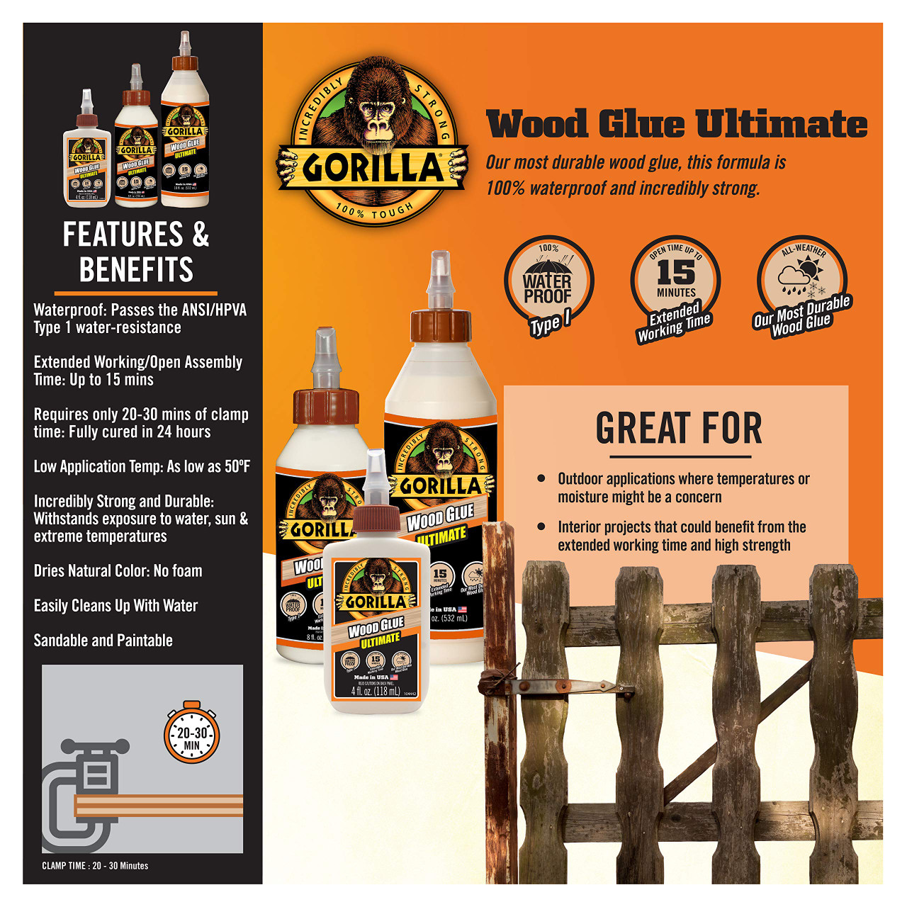 Gorilla Glue Ultimate Waterproof Wood Glue, 8 Ounce, Natural Wood Color  (104404)