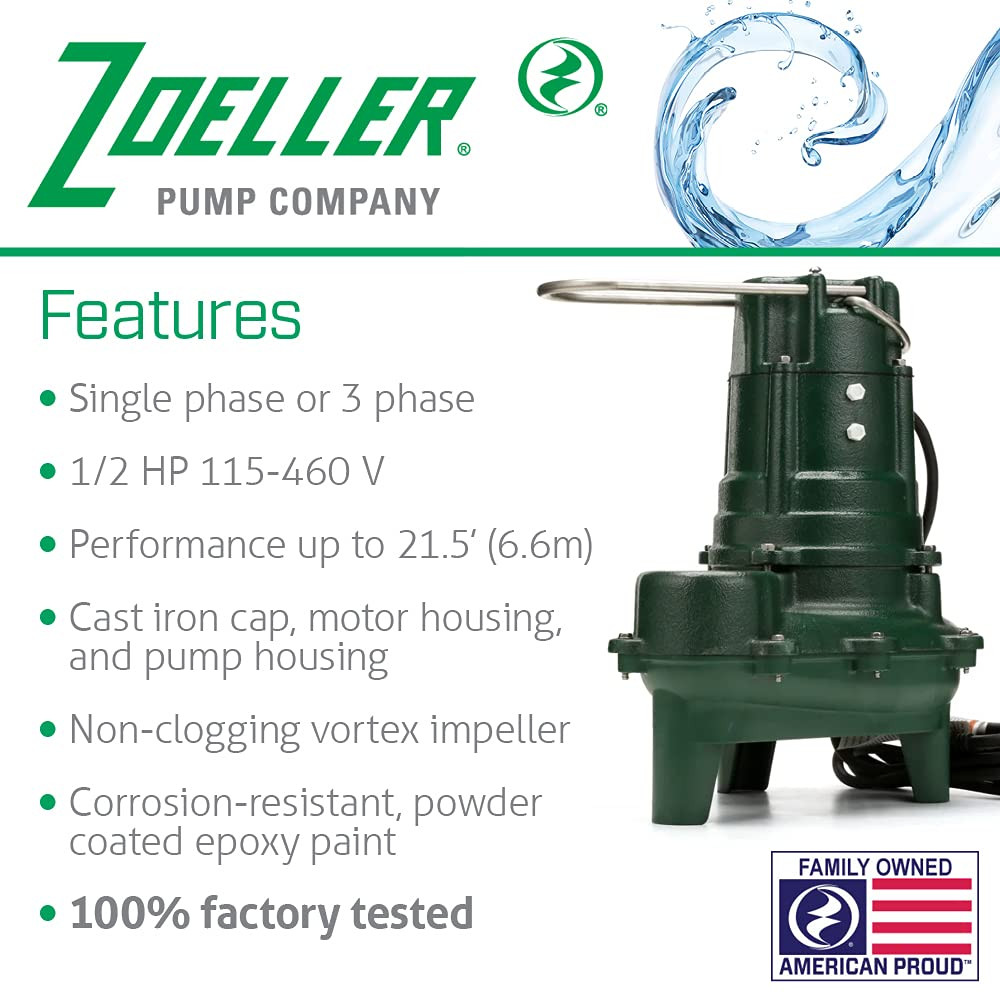 Zoeller Sewage Pump, 1/2 Hp Automatic HeavyDuty Submersible Sewage