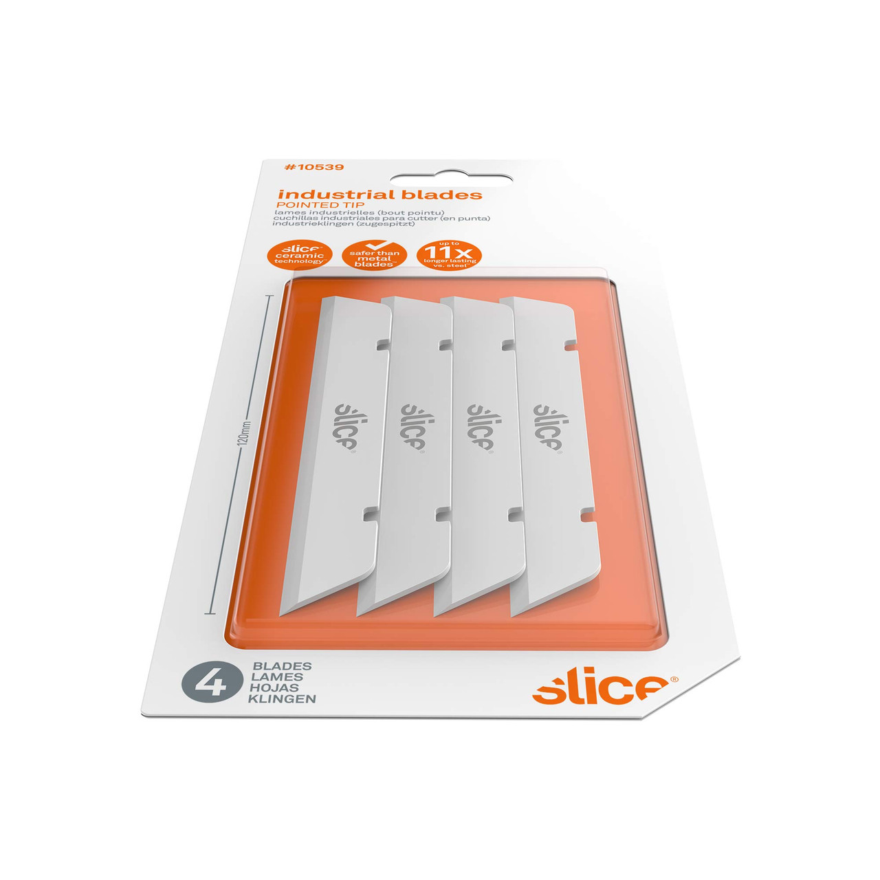 Slice 10539 Extra Long Industrial Knives (Pointed Tip), Finger-friendly Safety Ceramic Knife - Ideal for Insulation, Batting, Foam, 4 Blades