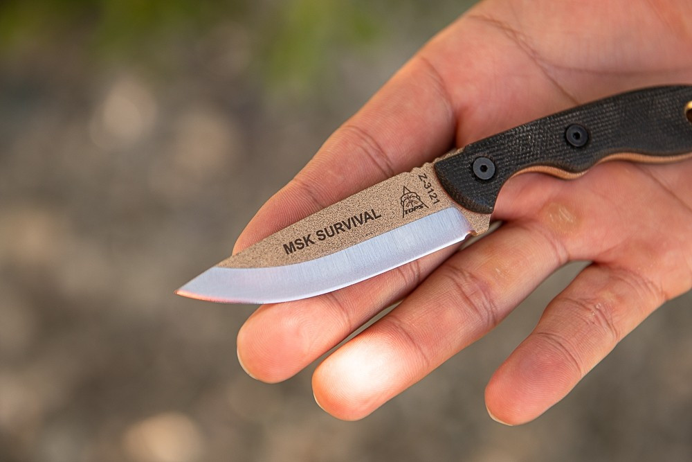 TOPS Knives Mini Scandi Survival Fixed Blade - Coyote Tan 1095 Steel With Kydex Sheath