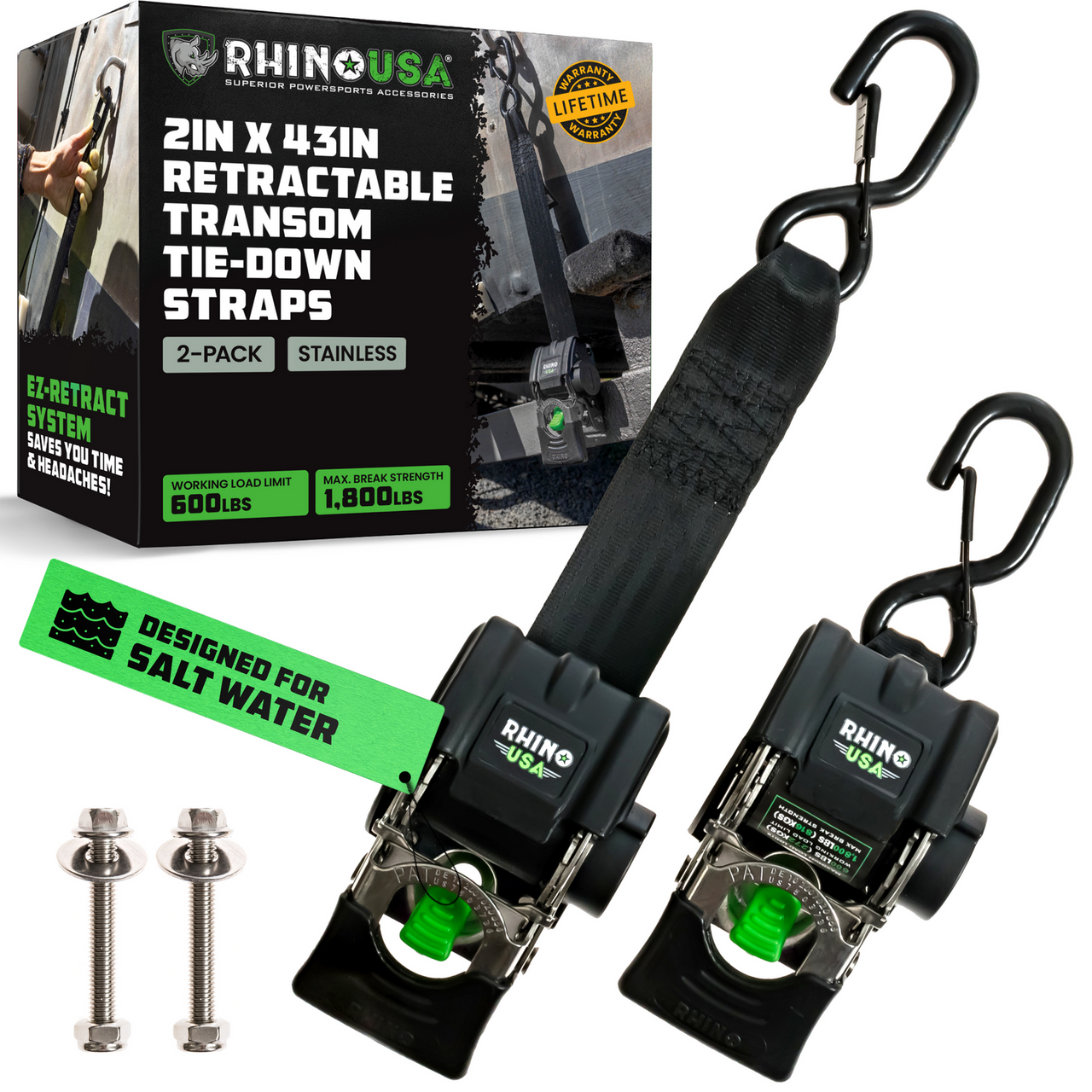 Rhino USA Retractable Transom Straps (2 Pack) | JB Tools