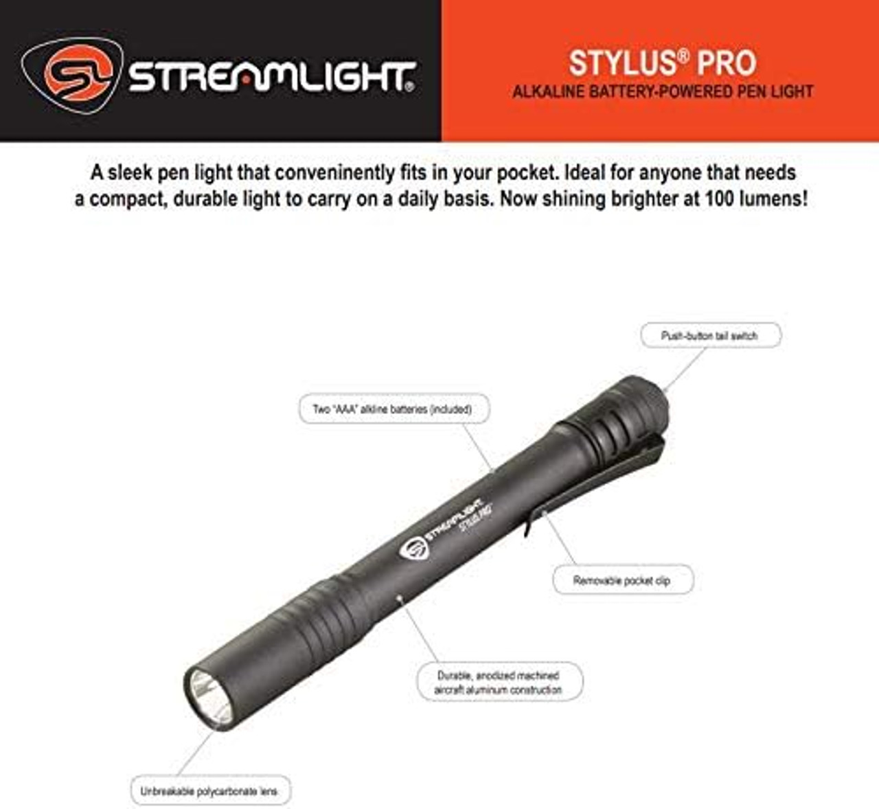 Streamlight. 65018 Stylus LED Pen Light, 3AAAA (Sold Separately), Black