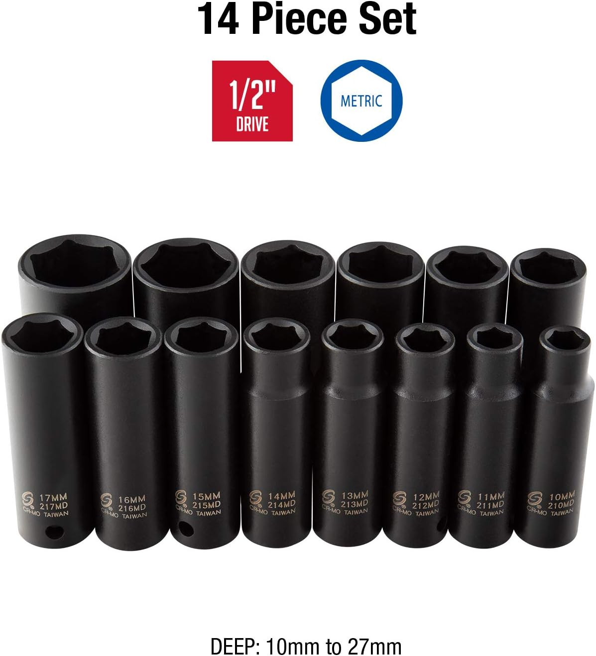 JobSmart 1/2 in. Drive Metric Deep Impact Socket Set, 10 pc., JS202421