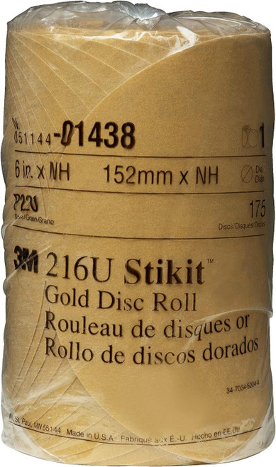 3M 1438 6" Stikit Gold P220 Grade Sanding Discs- 175 Disc Roll